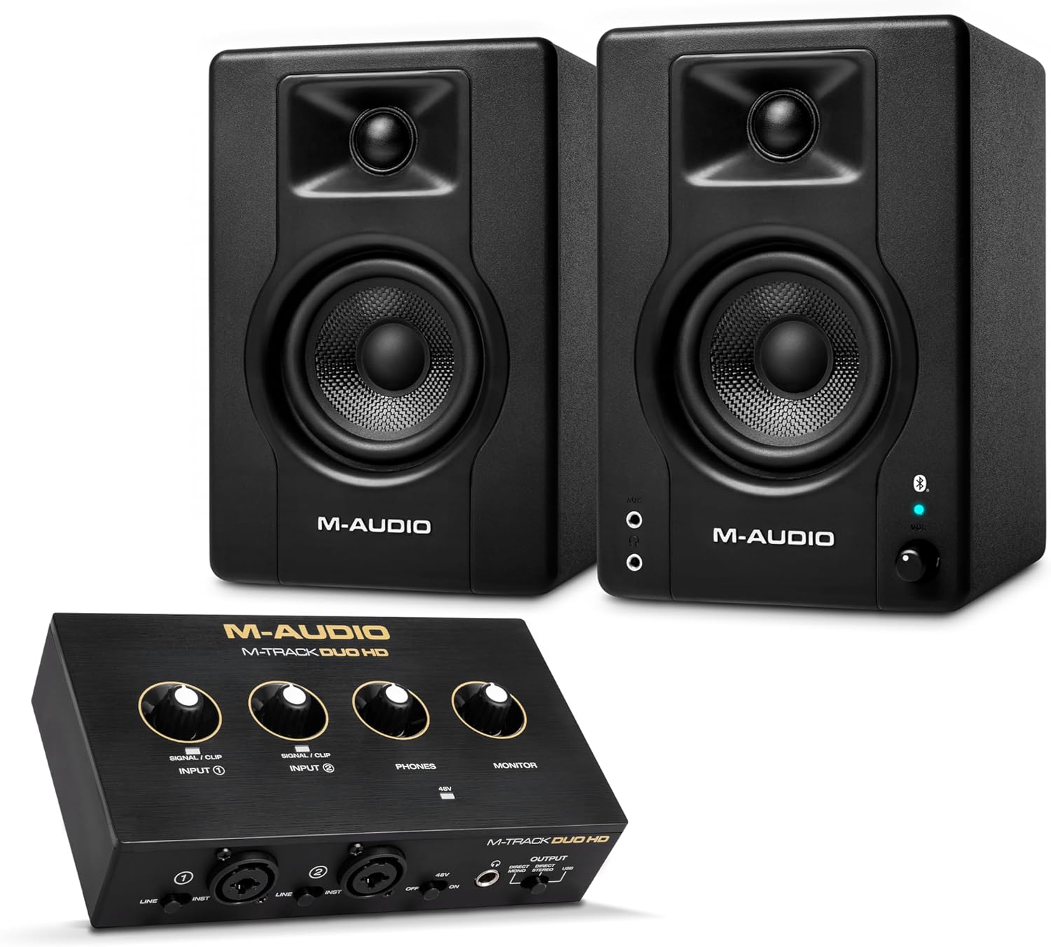 M-AUDIO BX3 Pair Bluetooth Studio Monitors Budnle with Dual XLR Audio Interface for Studio Recording, Music Production, Podcasting, Streaming