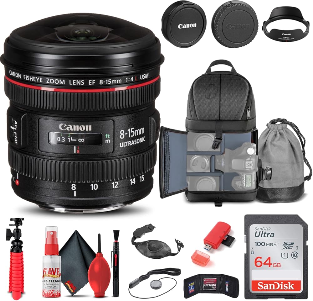 Canon EF 8-15mm f/4L Fisheye USM Lens (4427B002) + Backpack + 64GB Card + Card Reader + Flex Tripod + Memory Wallet + Cap Keeper + Cleaning Kit + Hand Strap + More (Renewed)