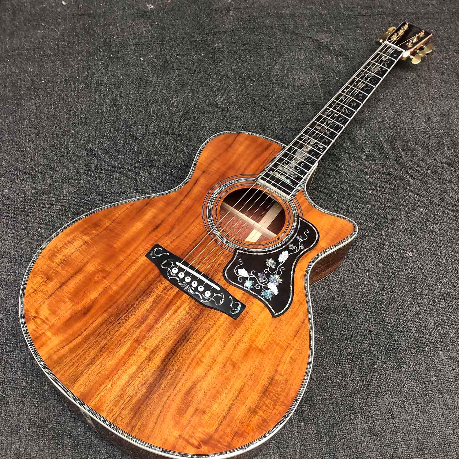 40 Inch OM Type Solid KOA Wood Top Cutaway Acoustic Guitar Ebony Fingerboard Abalone Inlays 43mm Nut Width with Double B1G Soundhole Pickup