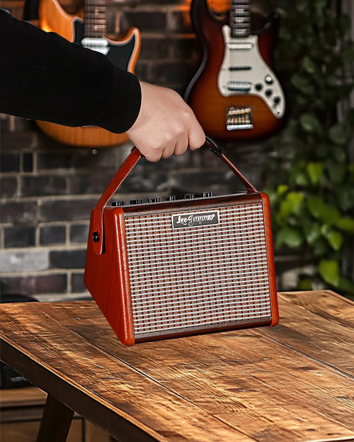 Leo Jaymz 15W Portable Electric Guitar Amp with BT, Rechargeable Battery, Built-in Effects Reverb, Overdrive, EQ, Woodgrain Finish, and 6.35mm Headphone Jack (AG-15)