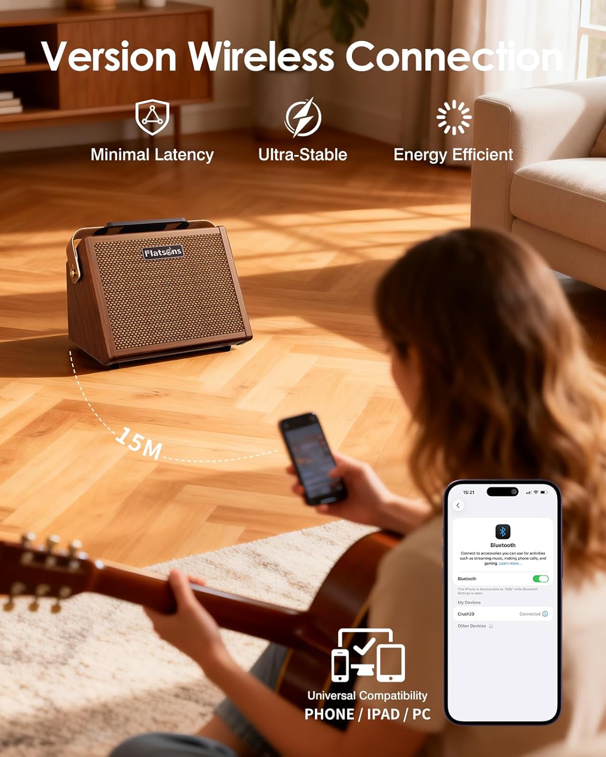 Crush20 Acoustic Guitar Amp, 20W Mic/Guitar Amplifier with Reverb, 2-Band EQ, Rechargeable 8H Battery Life, Advanced Dual-chip Wireless Portable Speaker for 6.35mm Microphone/Acoustic Guitars