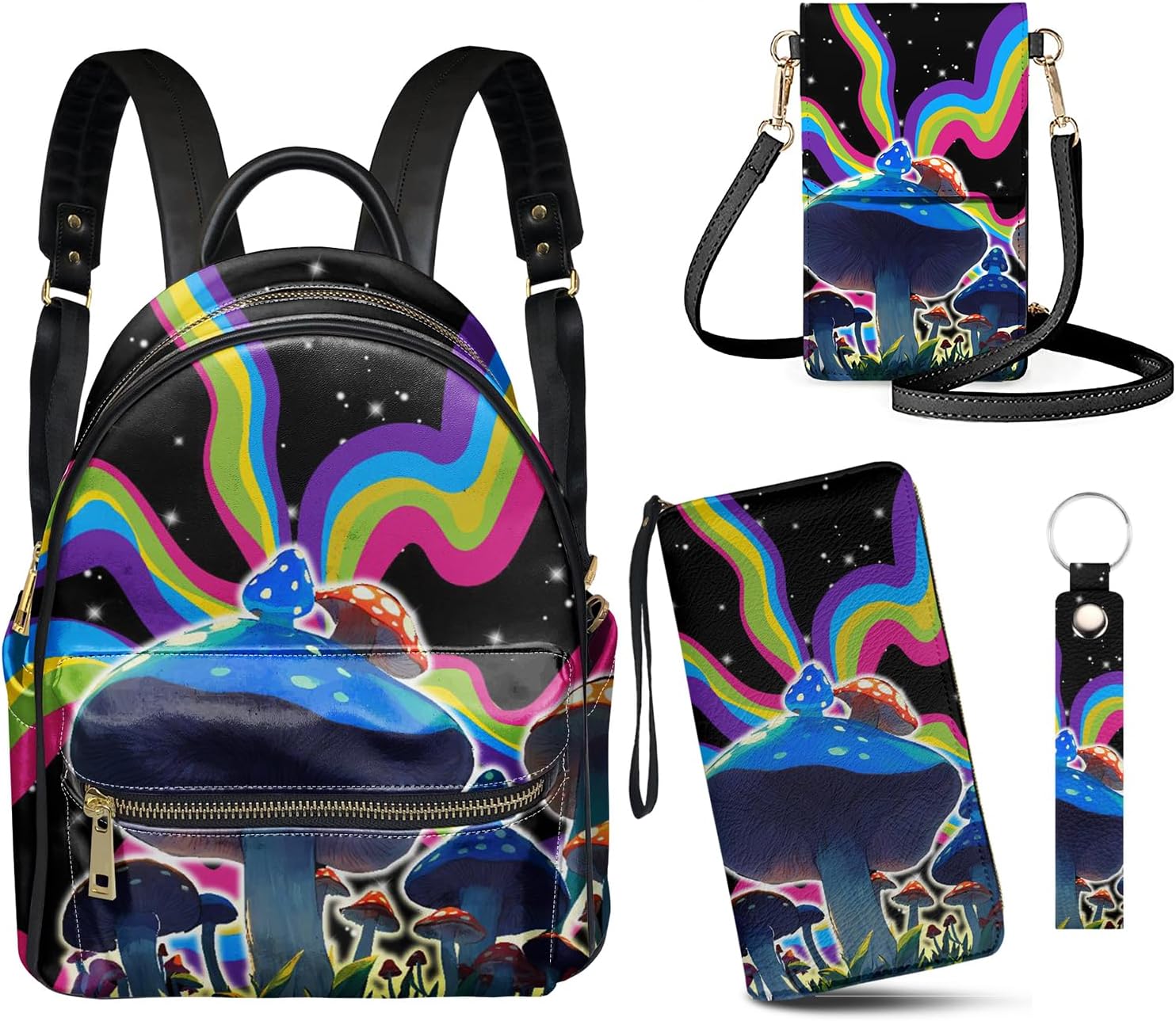 GLENLCWE Blue Mushroom Rainbow Sky Print Womens Small Backpack Purse Anti Theft Fashion Ladies PU Leather Backpack and Wallet Phone Pouch Keychain 4Piece