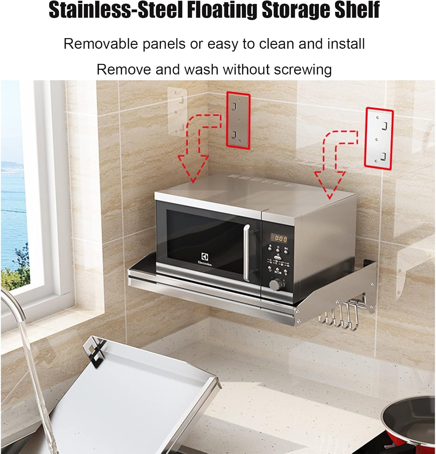 Stainless Steel Metal Shelving Microwave Oven Shelf, Wall Mount Multifunctional Shelving Stand Holder Kitchen Spice Rack, Bracket Bathroom Organizer Shower Caddy Storage, for Bar/Laundry/Garage