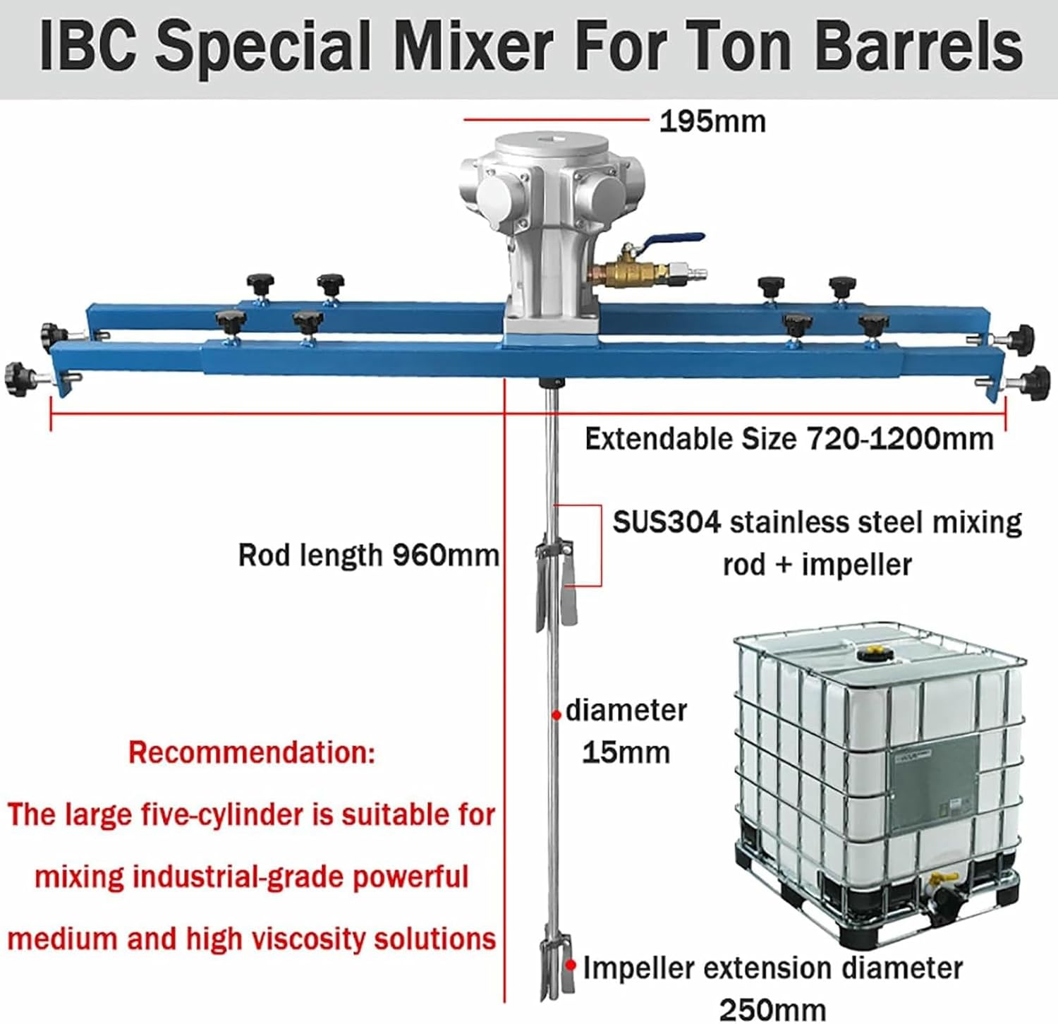 1HP Pneumatic Paint Mixer for IBC Drum, Coat Mixer Bracket Air Agitator Stirring Machine for 265 Gallon IBC, Suitable Viscosicty Less Than 7000CP*