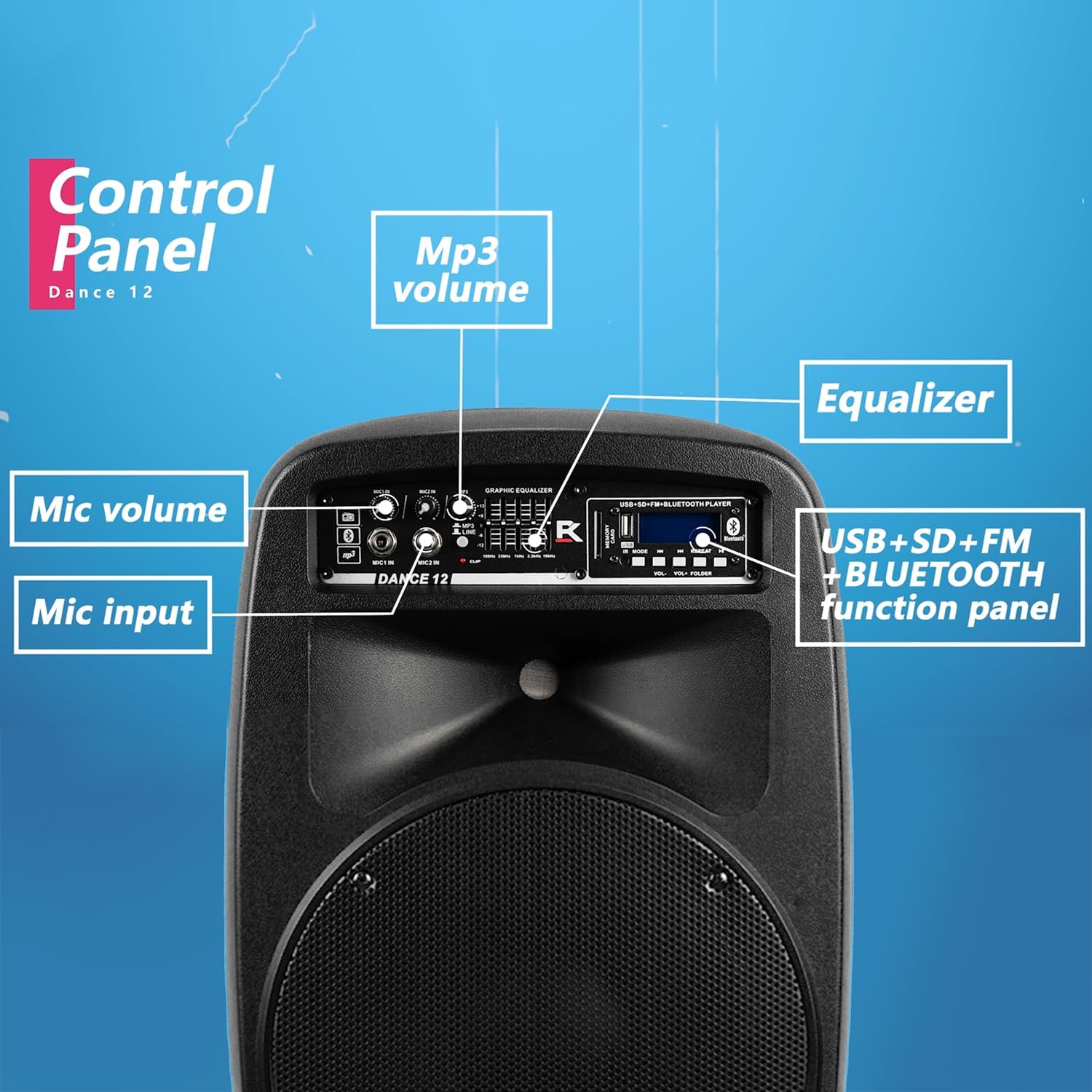 PRORECK Dance 12 Portable 12-Inch 1000 Watts 2-Way Powered PA Speaker System Combo Set with Bluetooth/USB/SD Card Reader/FM Radio/Remote Control/Speaker Stand for Party DJ Wedding Meeting