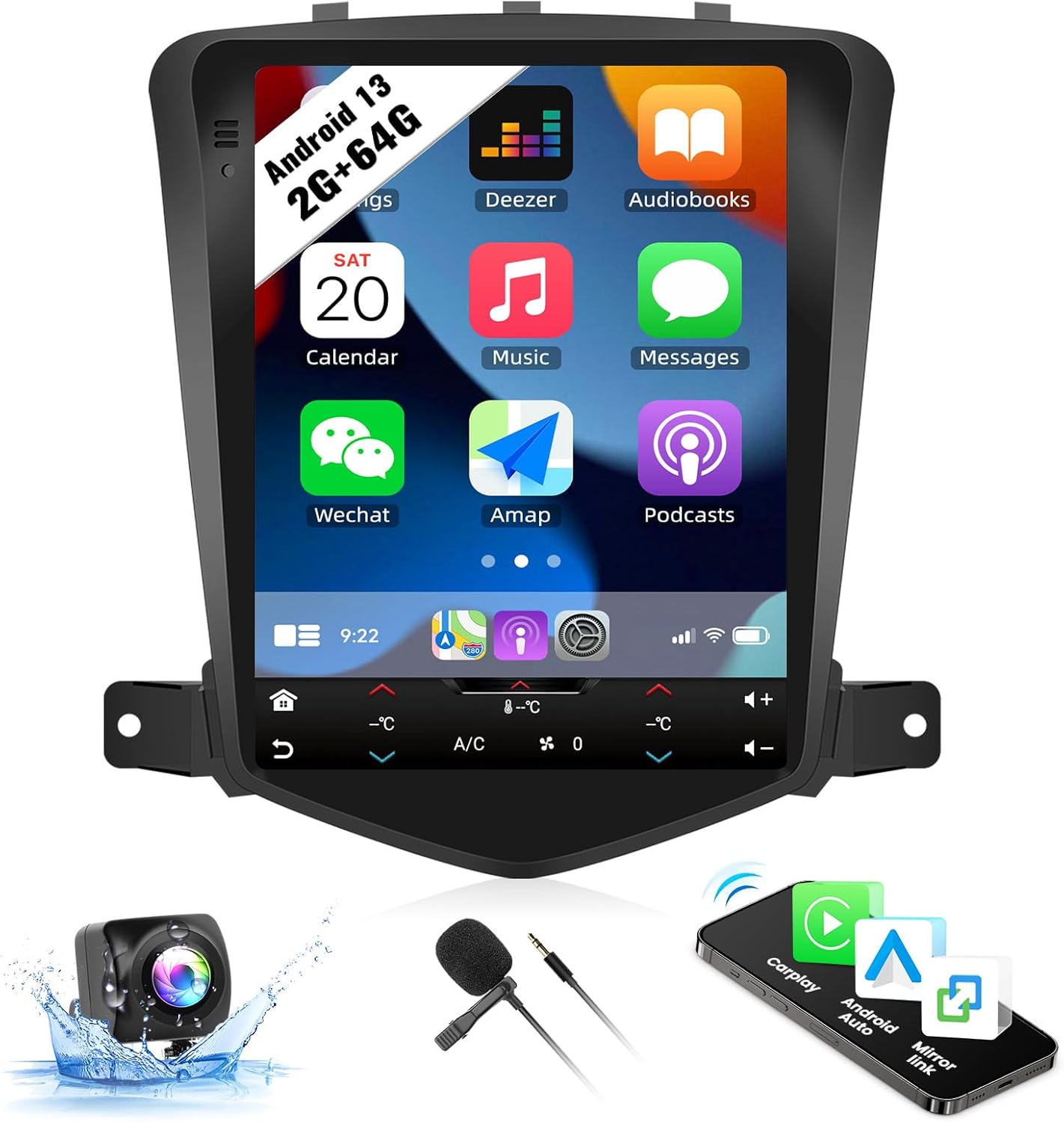 2G+64G Android Car Stereo for Chevrolet Cruze J300 2009-2014 9.7 inch Touch Screen with CarPlay Android Auto Mirror Link Bluetooth FM GPS WiFi SWC Backup Camera