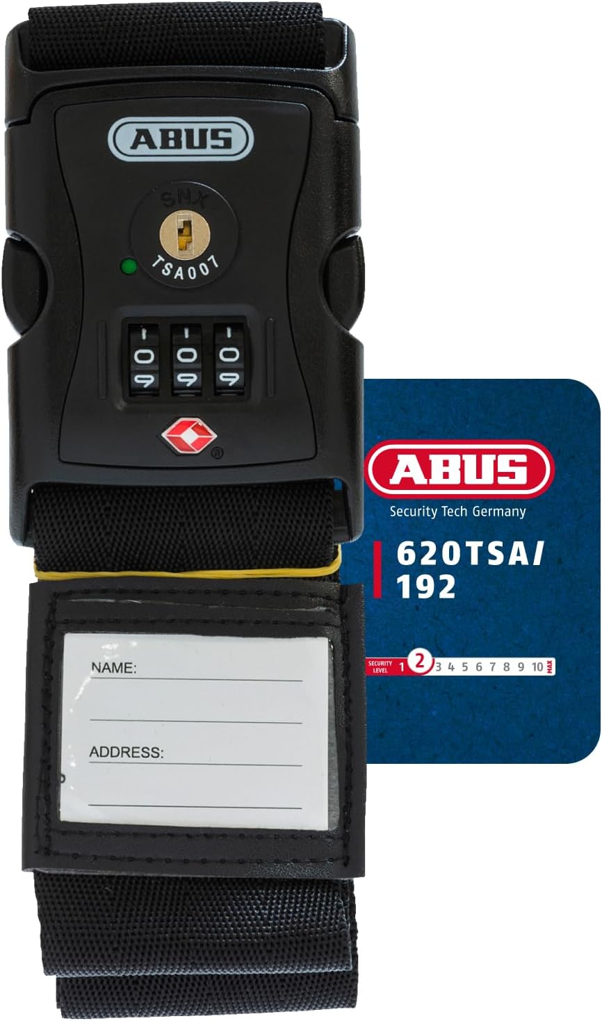 ABUS Luggage Strap with TSA Lock 620TSA/192 - Luggage Strap with 3-Digit Numerical Code - Name tag Included - Black