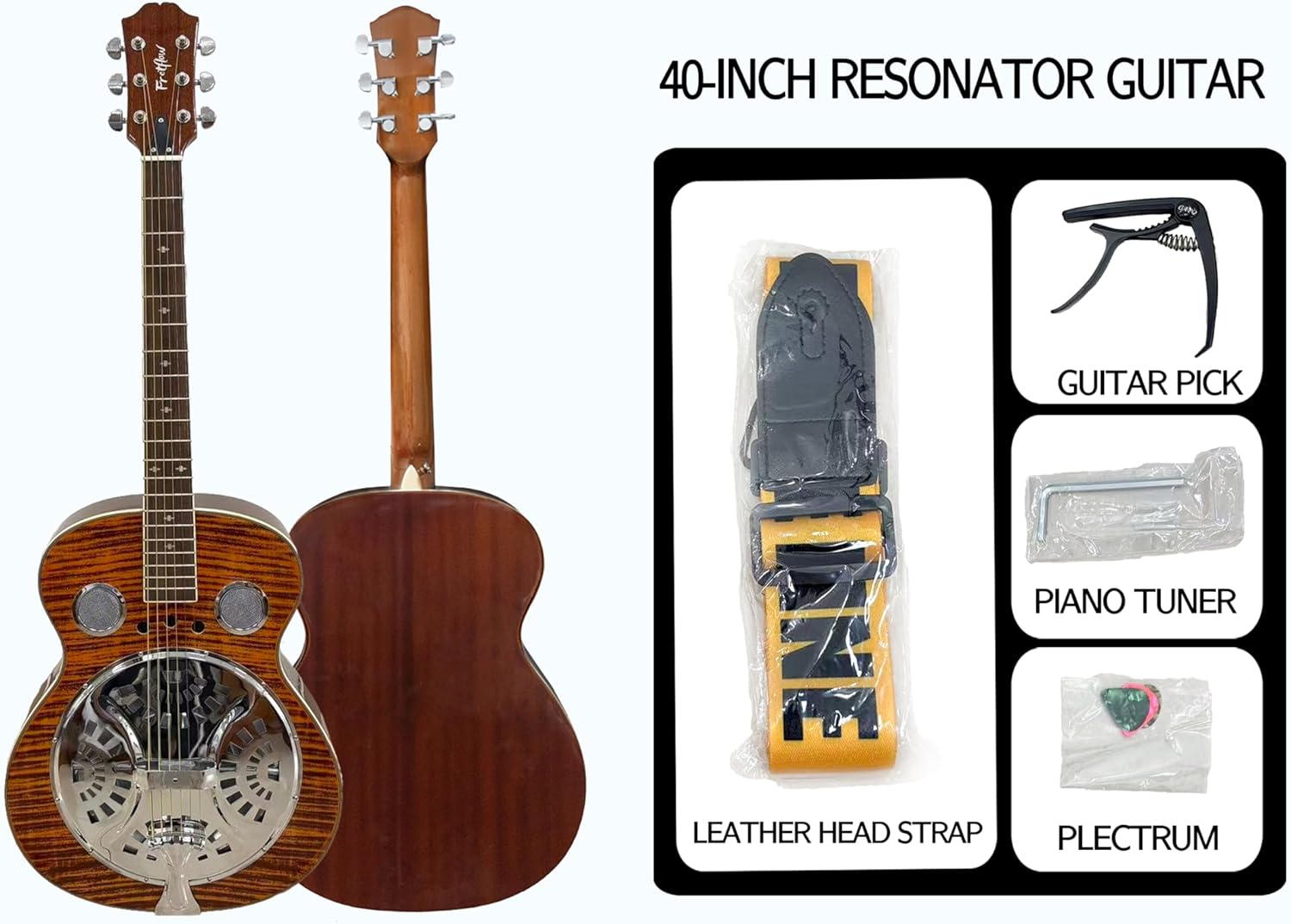 40-Inch Resonator Guitar with Spruce Top & Sapele Body - Tiger Flame Finish, Okoume Neck, Rosewood Fingerboard | Bronze Strings | Beginner guitar