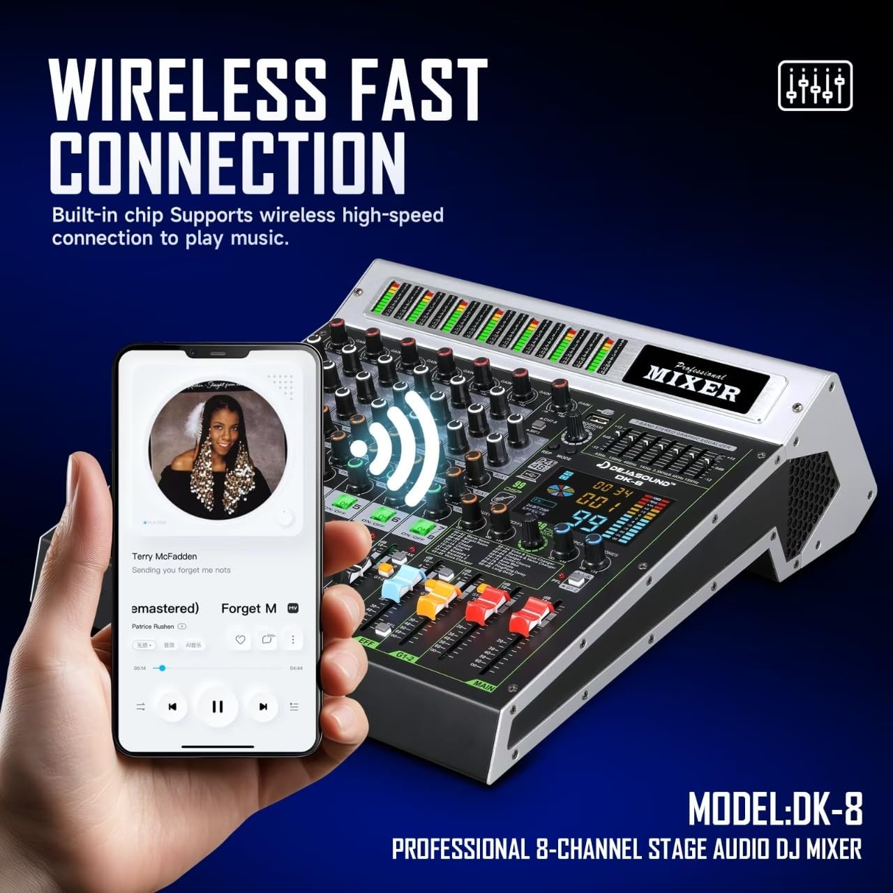 8-Channel Professional Audio Mixer, DK-8 Mixing Console with XLR Inputs, Bluetooth, 99 DSP Effects, MP3, USB Interface for Podcast, Music, Recording, PC 14.76