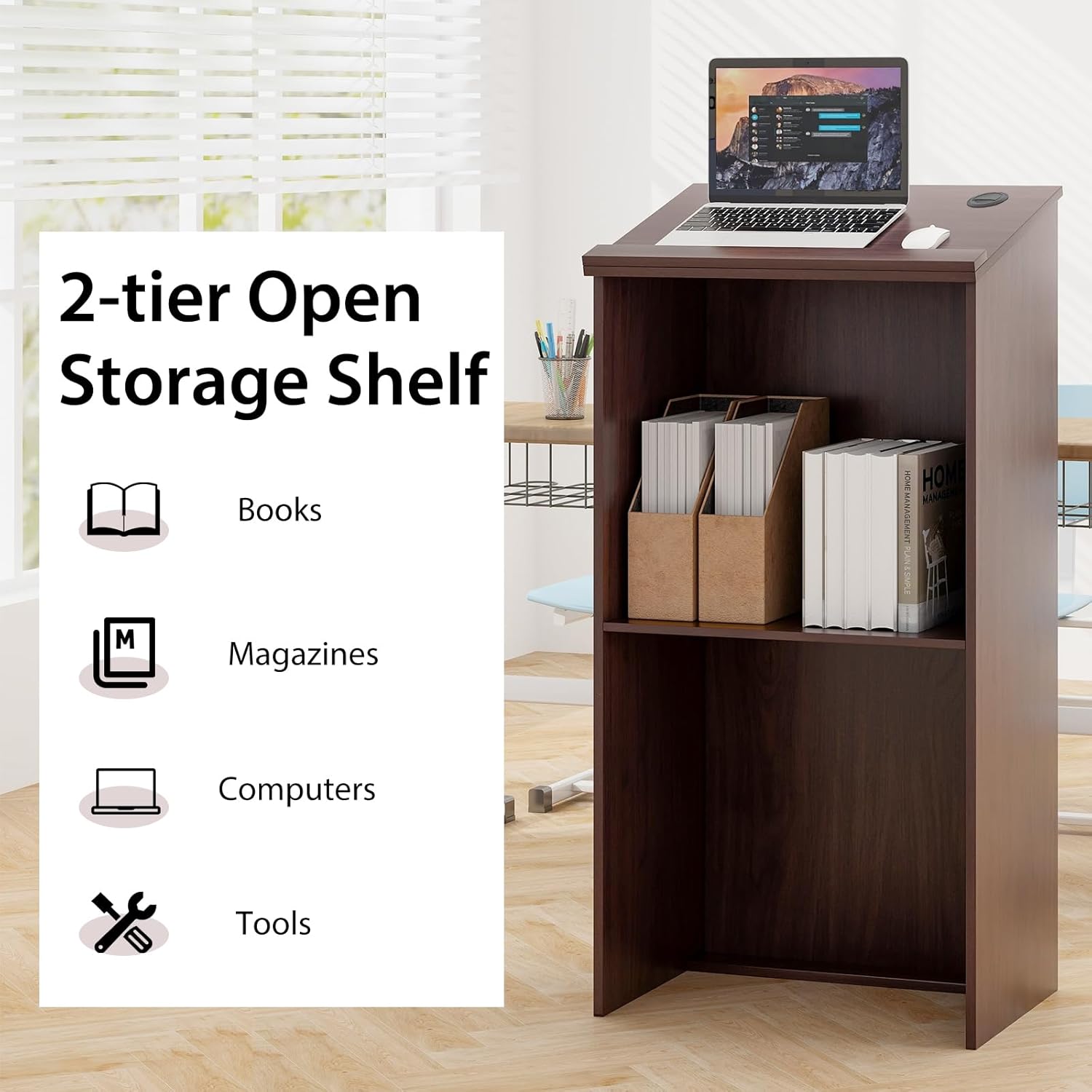 Tangkula Floor Standing Podium, Wooden Speaking Lectern Hostess Stand with 2-Tier Shelves & Dual Cable Holes, Standing Lectern Desk for Meeting Room, School, Churches, Auditorium, Classroom