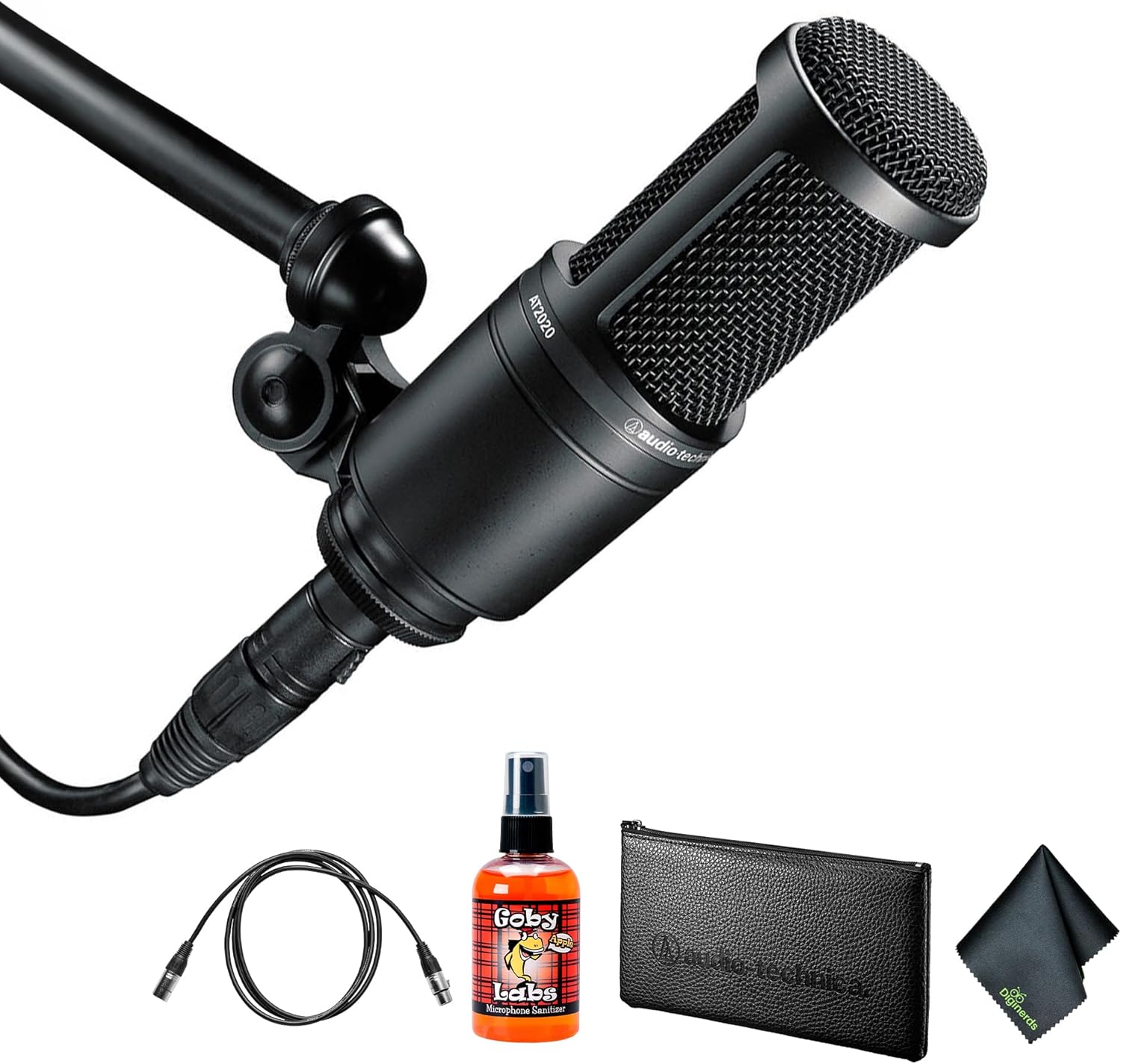 Audio-Technica AT2020 Cardioid Condenser Microphone (Black) + Microfiber Cleaning Cloth + Goby Labs Microphone Cleaner + 10 Ft XLR Cable