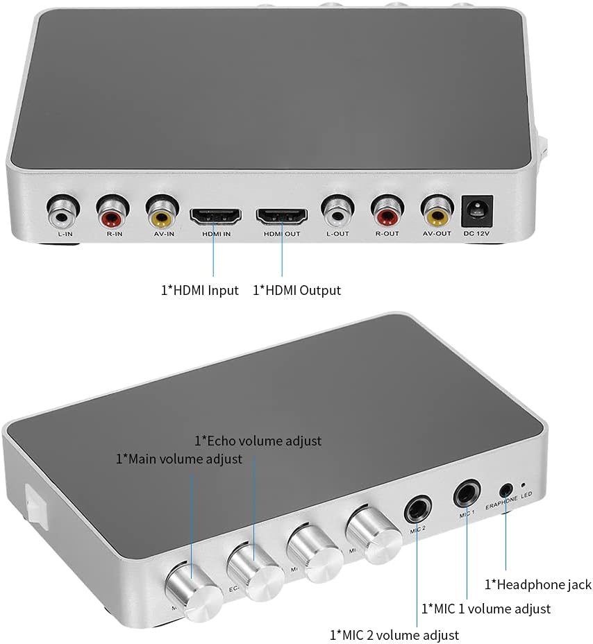 KM200 Karaoke Sound Mixer Portable Digital Stereo dio Echo System 4K/2K HDMI Karaoke Amplifier with Dual Microphone US Plug