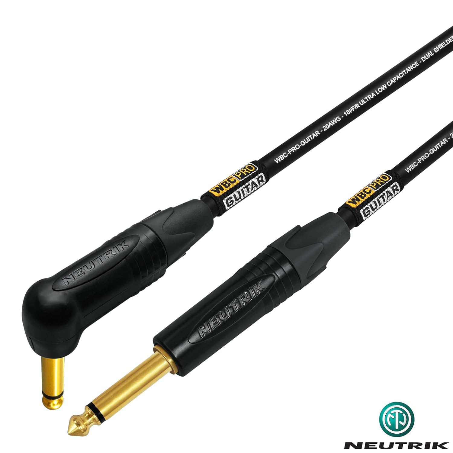 50 Foot - WBC-PRO-Guitar – 20 AWG - Low-Cap (18pF/ft) – Pro-Grade – Graphite-Based - Dual-Shielded Guitar, Bass, Instrument Cable with Neutrik Straight to Angled ¼ Inch (6.35mm) Gold TS Connectors