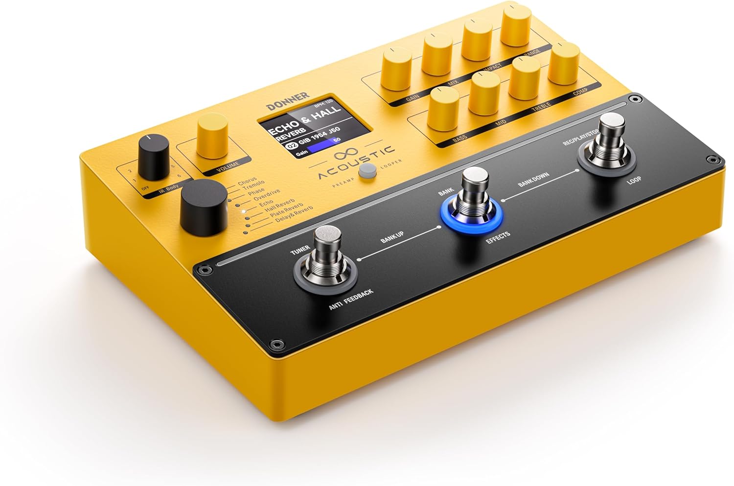 Donner Acoustic Guitar Multi-Effects Pedal APL, 8 Classic Effects Delay Overdrive Chorus, 6 IR Modes, 8 Min Looper, Variety of Interfaces, Auto-Notch Anti-howling, Includes Power Adapter and USB Cable