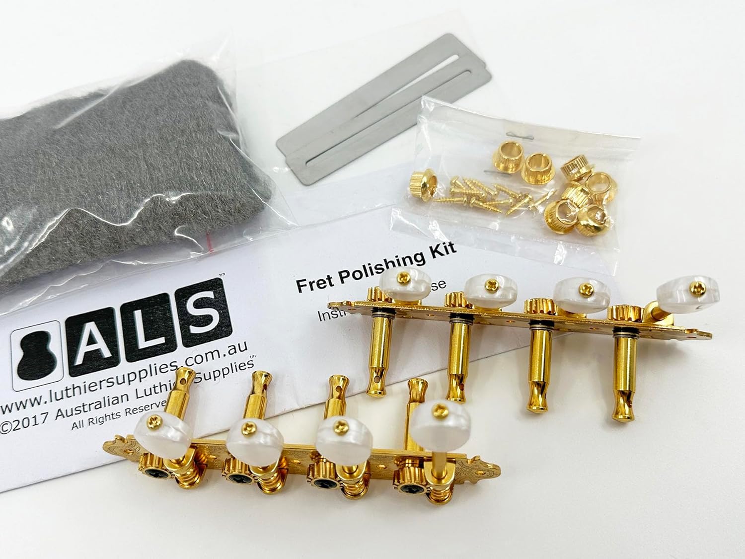 Gotoh F-Style Mandolin Tuners - Gold with Pearloid Buttons [Bonus ALS Fret Polishing Kit] MF40-MWG Model Tuners by Gotoh Japan - Fret Polishing Kit by ALS