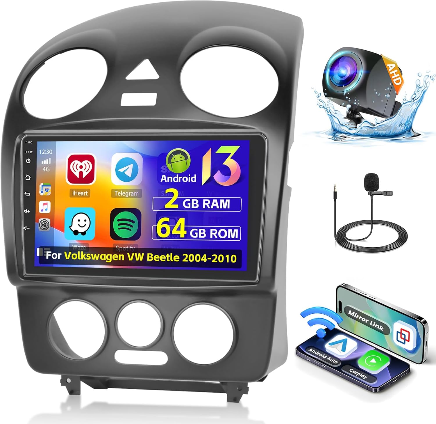 [2+64G] Hikity Android 15 Car Stereo for Volkswagen VW Beetle 2004 2005 2006 2007 2008 2009 2010, Wireless CarPlay Android Auto, 9'' Touch Screen Car Radio GPS WiFi Bluetooth SWC Backup Cam