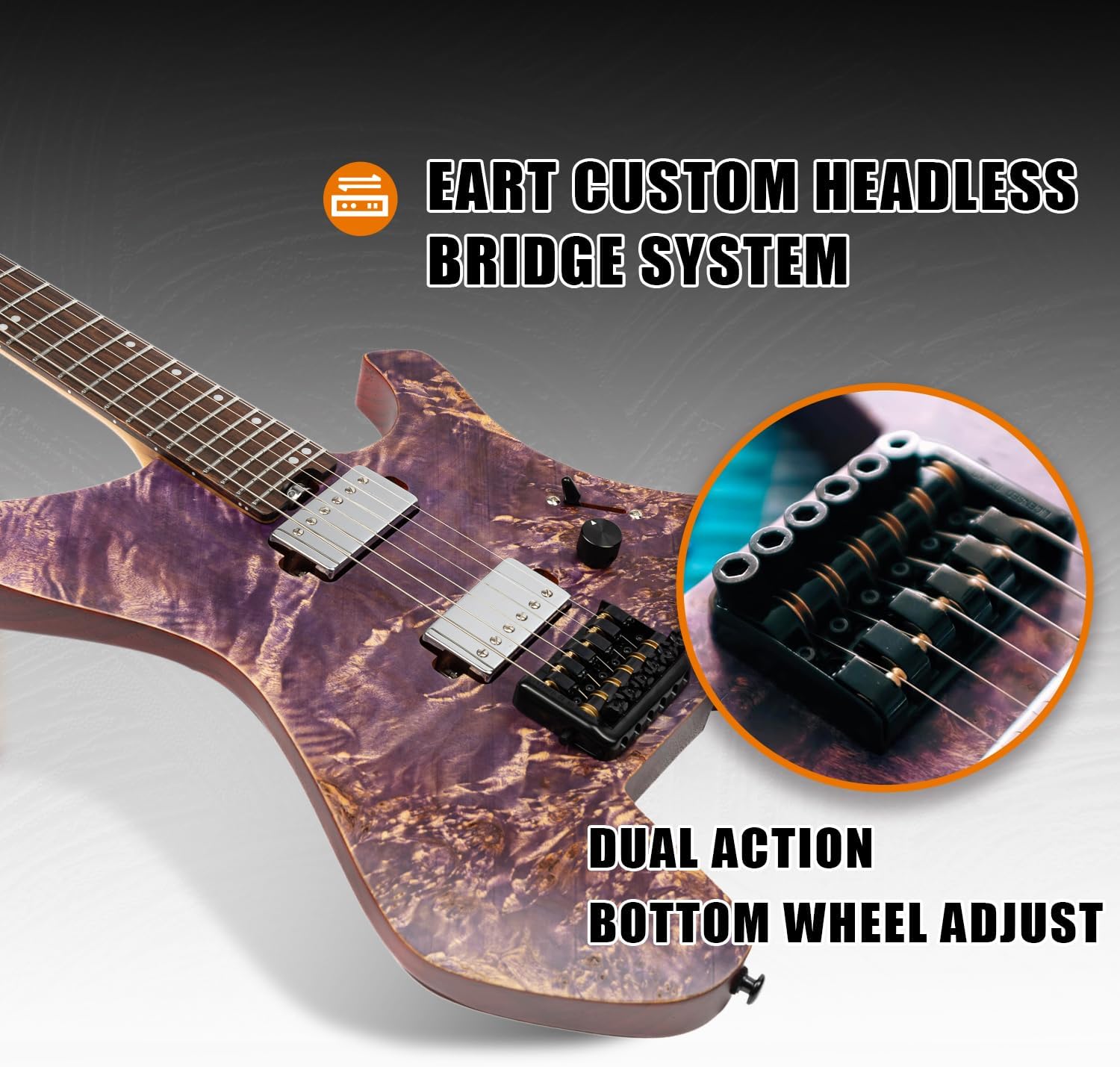 EART Headless Electric Guitar GW2 fixed Bridge for 6 String Travel Guitar, Stainless Steel Frets, Poplar Burl Venner Top, Purple