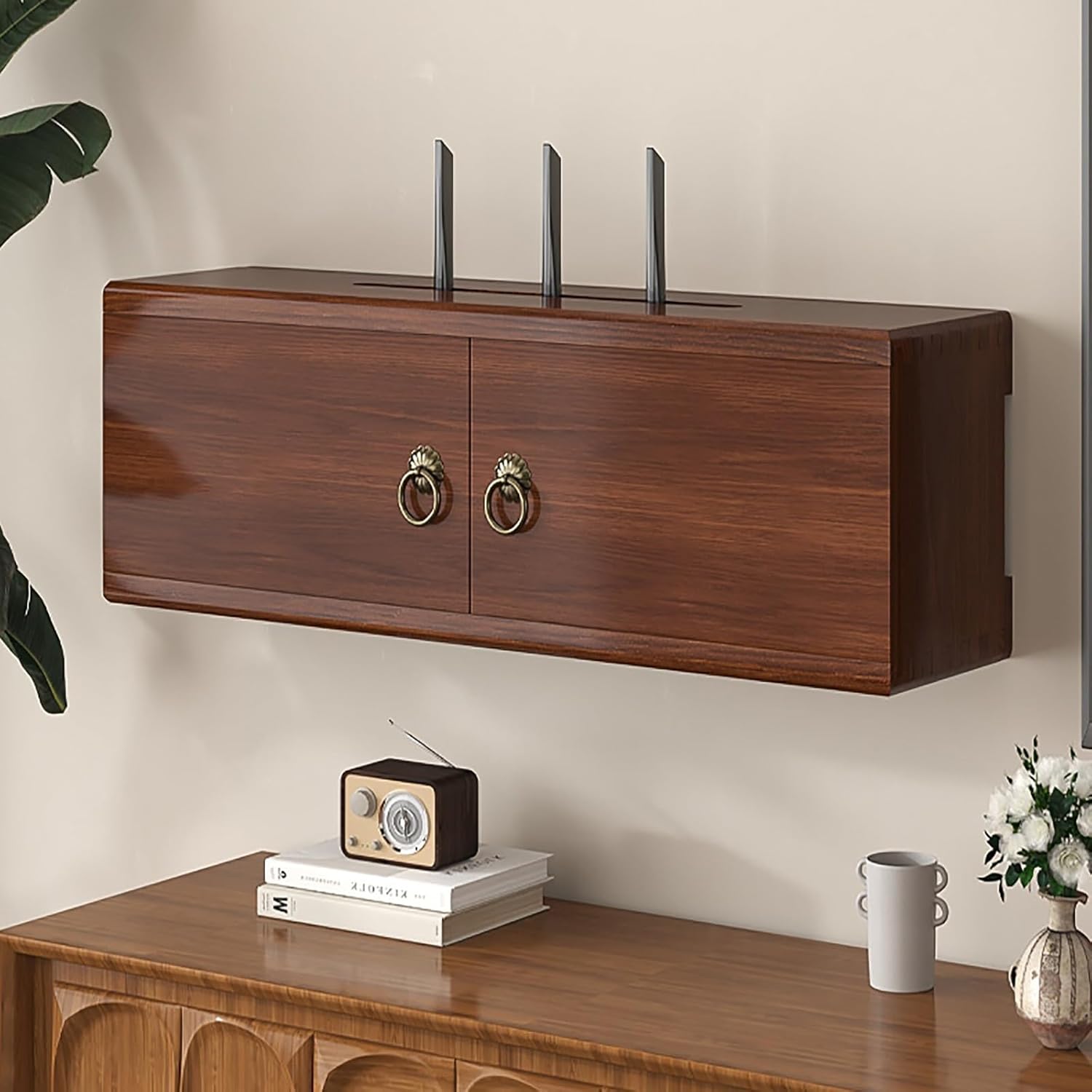 Router Shelf Wall Mount, Wooden WiFi Router Storage Box, Home Media Storage Cabinet for Living Room, No Signal Blocking, No Assembly Required(Walnut Color,48cm)