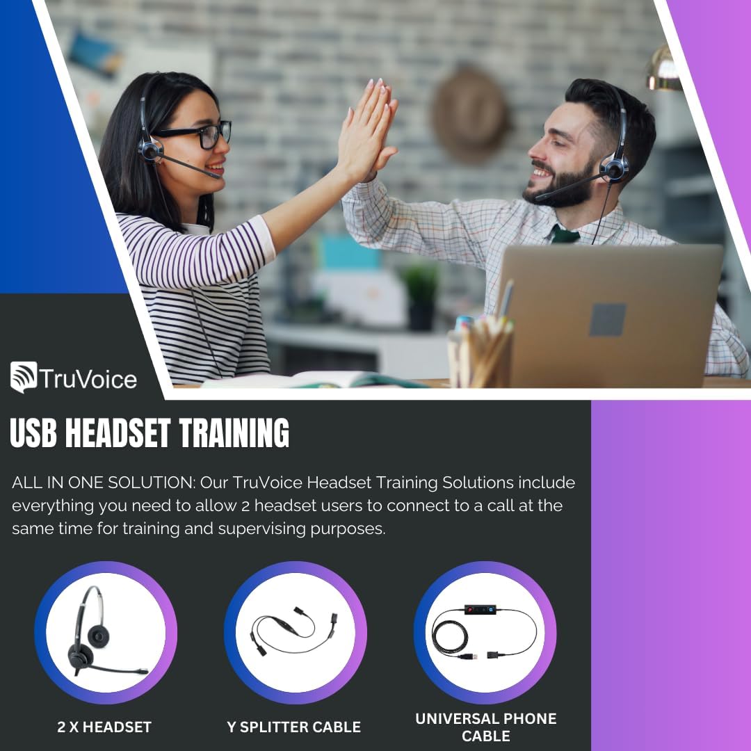 TruVoice Computer Dual Headset Bundle for Office Training | Monitoring | Supervising : Includes 2 x HD150 Headset with NC Microphone, Training Y Splitter + USB Cable Compatible with PC and Softphones