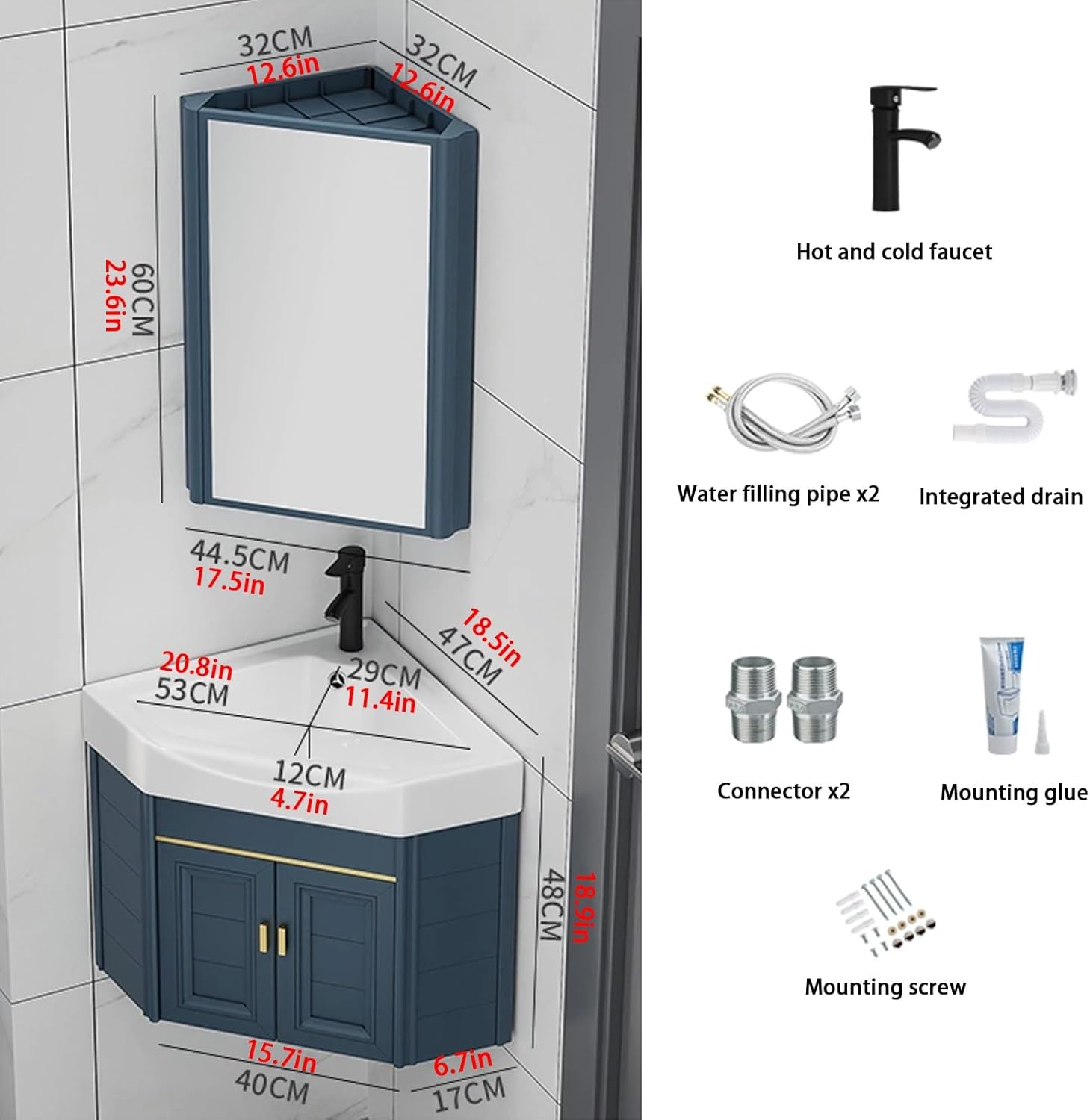 Corner Bathroom Sink, Corner Wall Mount Bathroom Sink, Small Vanity Sink with Mirror Cabinet, Corner Mounted Bathroom Vanities Cabinet Sink, Bathroom Vanity for Small Spaces(47cm/18.5in)