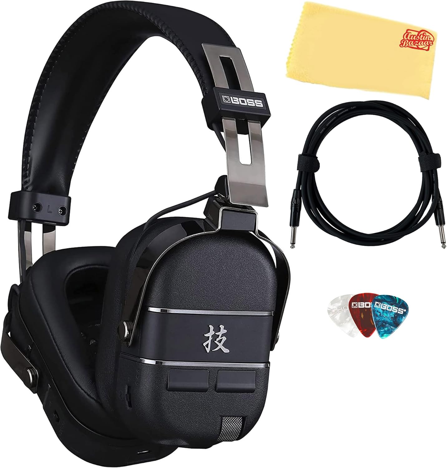 BOSS WAZA-AIR Bass Guitar Wireless Headphone Amplifier Bundle with Gearlux Instrument Cable, Picks, and Austin Bazaar Polishing Cloth