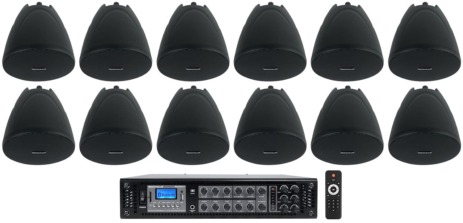 Rockville RCS350-6 350 Watt 6 Zone 70v Commercial/Restaurant Amplifier/Bluetooth Bundle with (12) PEN-40T Black 4