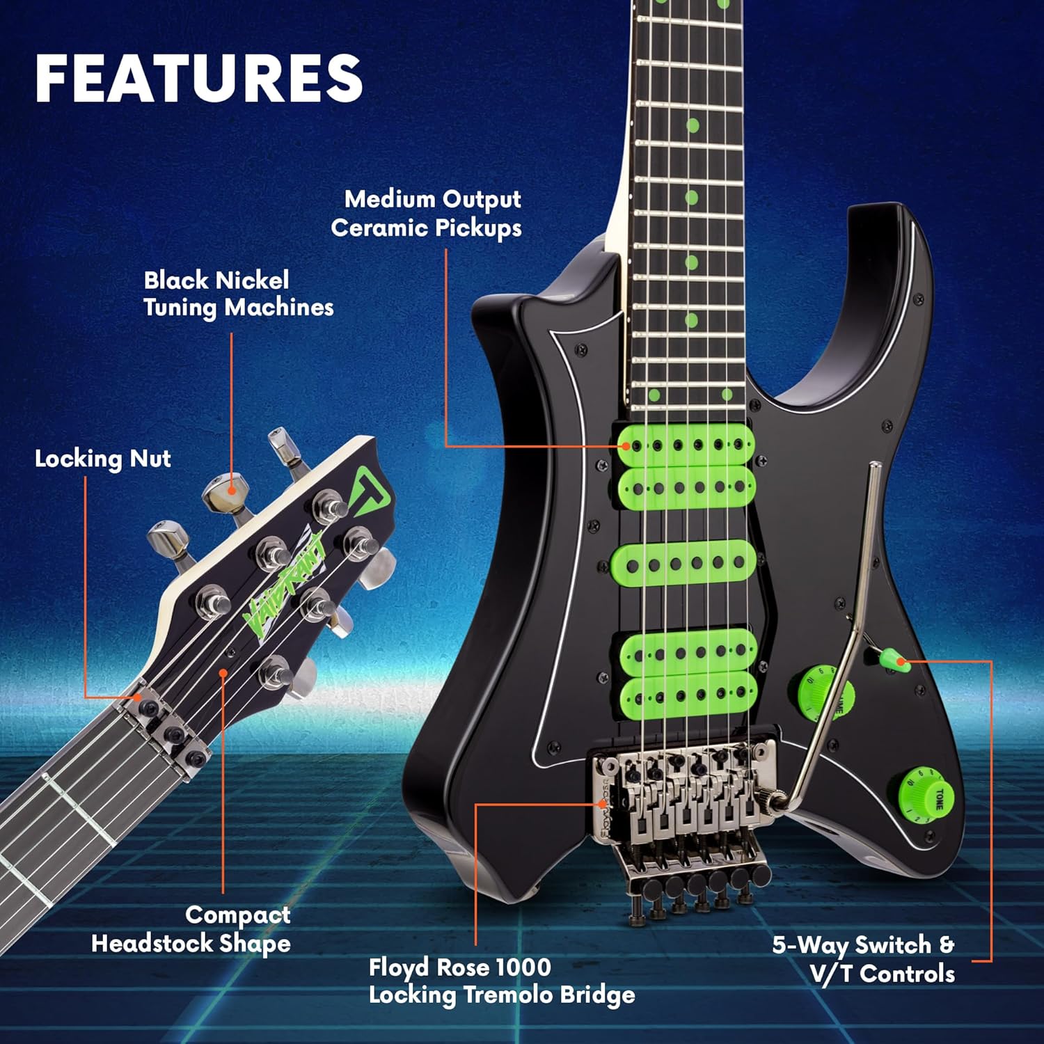 Traveler Guitar Electric Guitar 6 String Vaibrant Deluxe, Right, Cosmic Black, (V88X CBKGEB)