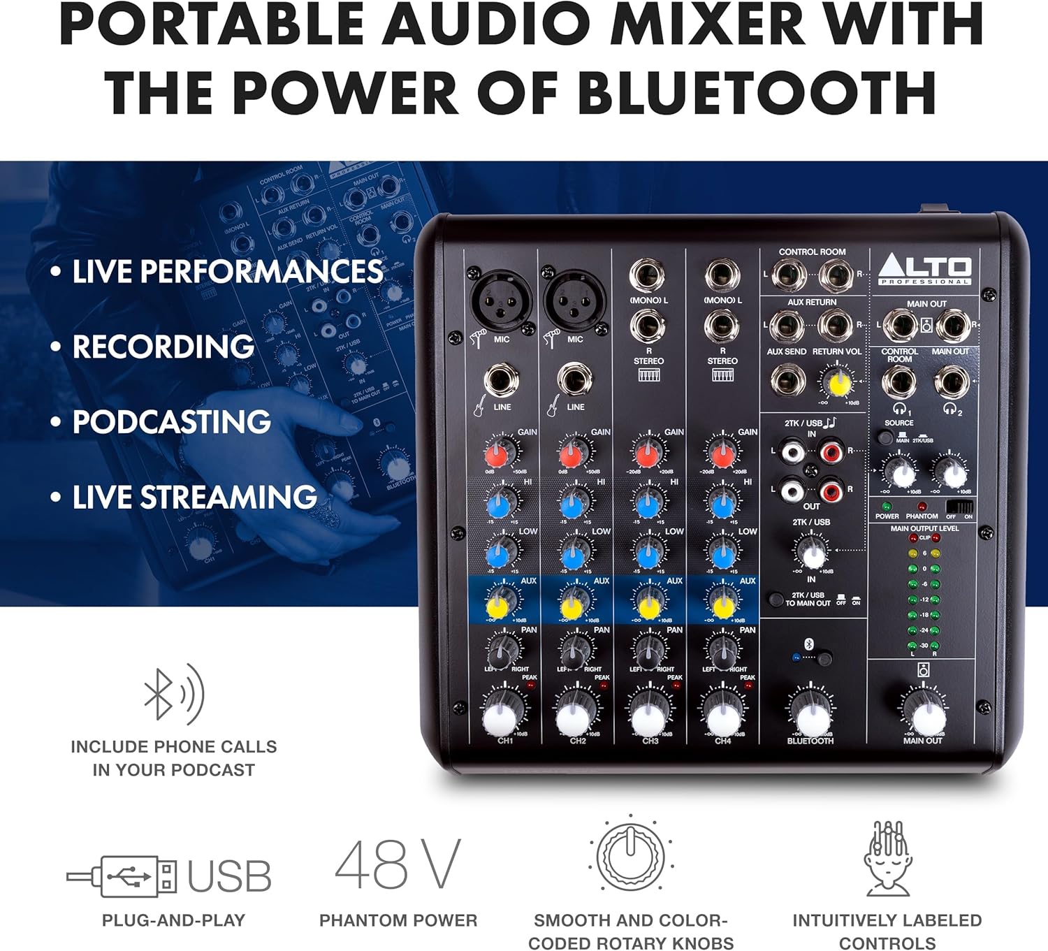 ALTO TrueMix 600 Audio Mixer with 2 XLR Mic Ins, USB Audio Interface and Bluetooth for Podcasting, Live Performance, Recording, DJ, Mac and PC
