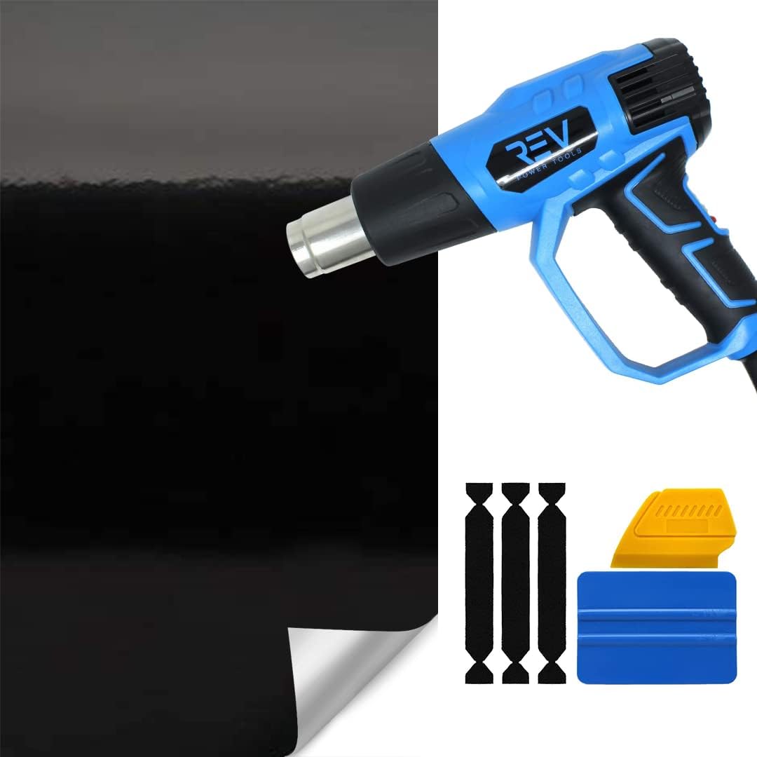 VViViD Gloss Black Full Car Wrap (50ft x 5ft) Bundle Includes Heat Gun, Squeegees (Blue and Yellow) and 3 Felt Tips - M0