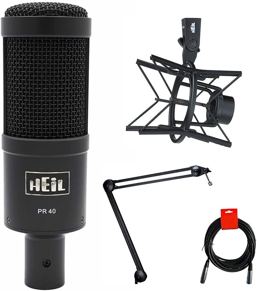 Heil Sound PR40 Large Diameter Dynamic Cardioid Studio Microphone, Black Bundle PRSMB Shockmount, PL2T Overhead Broadcast Boom Mount, and XLR Cable