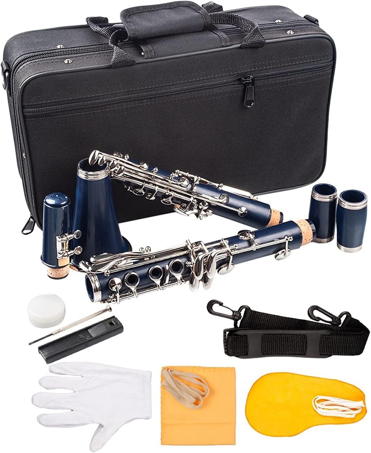 Standard Clarinet Dark Blue ABS Clarinet Bb Cupronickel Plated Nickel 17 Key with Cleaning Cloth Gloves Woodwind Instrument Beginner Clarinet