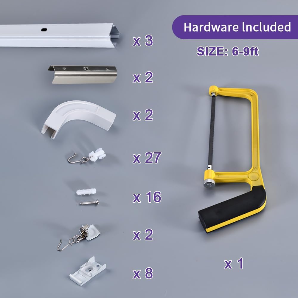 Aluminum alloy ceiling curtain tracks with hooks & corner connectors (Set of 2), heavy-duty room partition curtain rod tracks, suitable for living rooms, bedrooms, and bathroom(6-9 ft Track Set)White