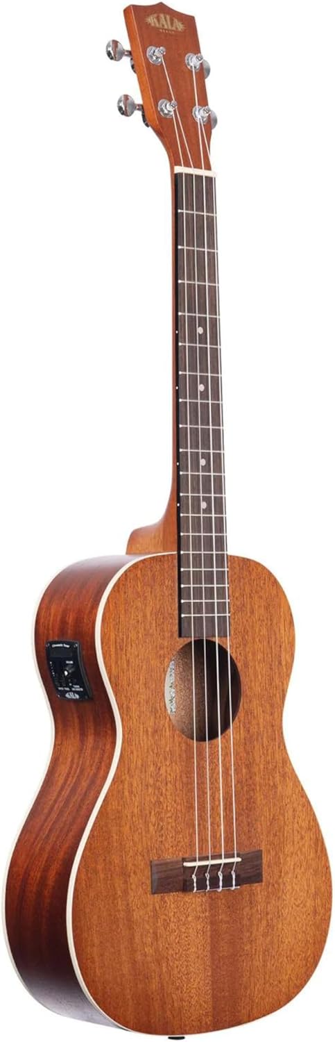 Kala KA-BE Mahogany Baritone Ukulele with EQ Bundle with KALA Klipz Blue Clip-On Tuner & Polishing Cloth – Electric-Acoustic Ukulele with Built-In EQ, Warm Tone & Chrome Die-Cast Tuners