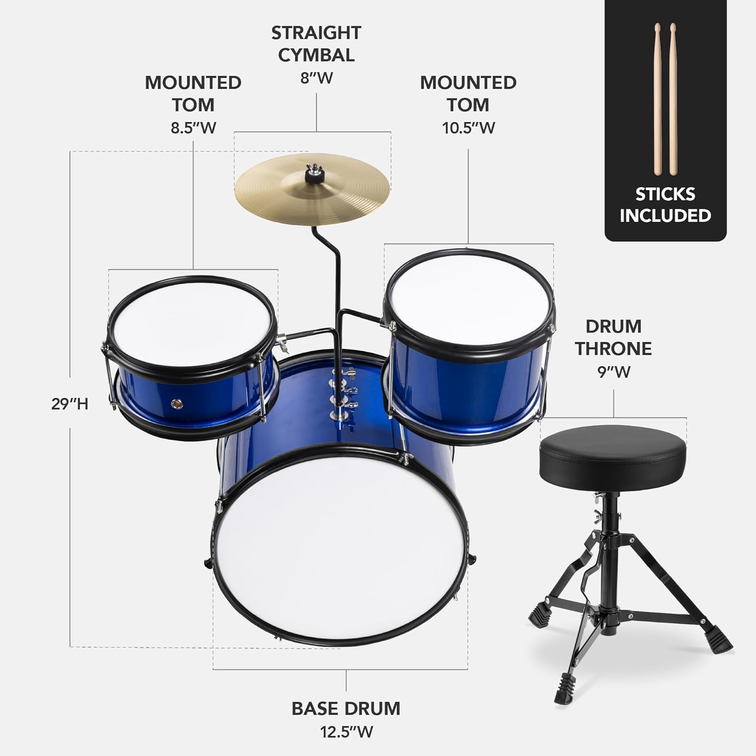 Best Choice Products 3-Piece Beginner Drum Set for Kids Juniors, w/Throne Stool, Cymbal, Drum Sticks, Bass Drum Pedal, 2 Toms - Blue