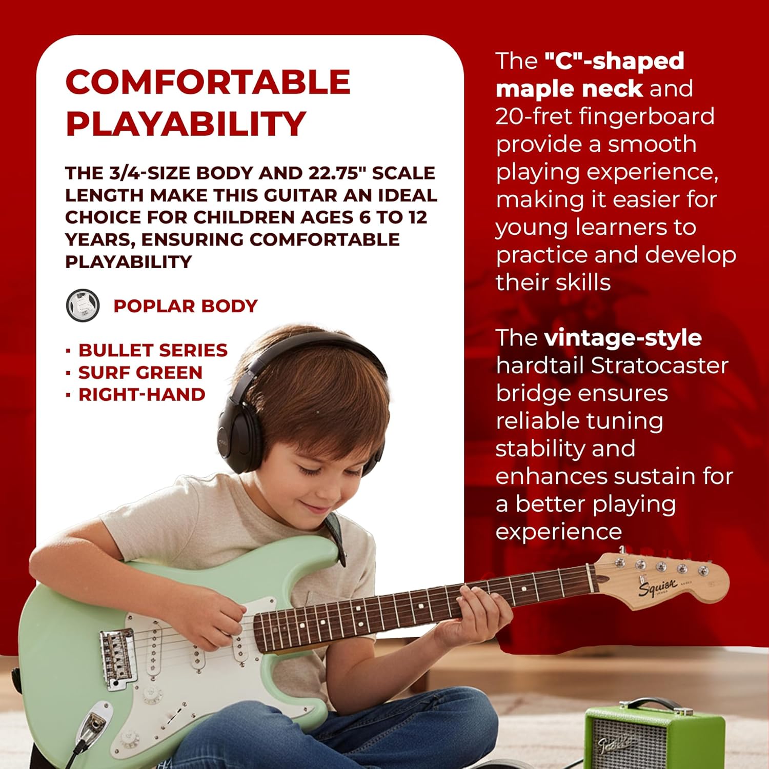 Fender Squier 3/4-Size Kids Mini Strat Electric Guitar - Surf Green Bundle with Amplifier, Cable, Tuner, Strap, Picks, Online Lessons, and Austin Bazaar Instructional DVD