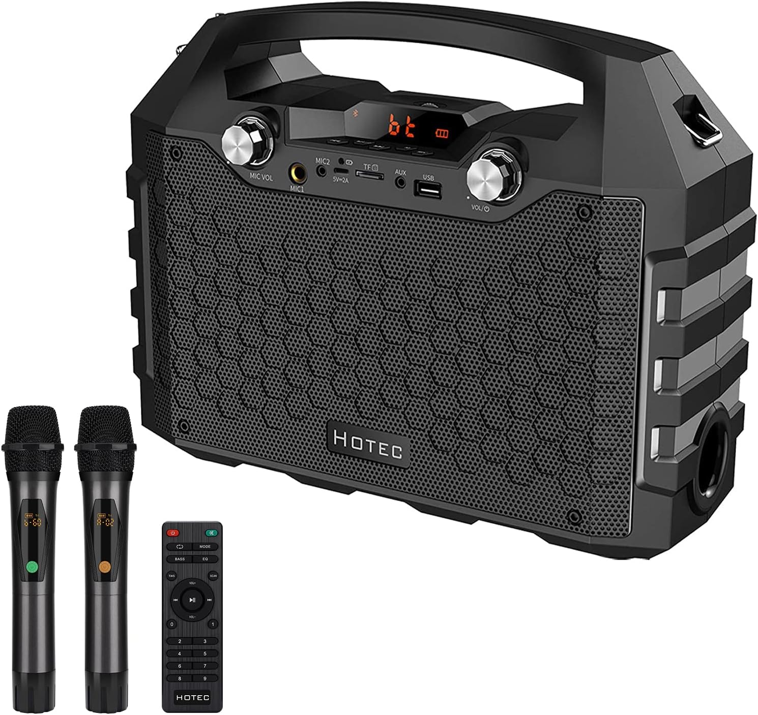 Hotec Wireless Bluetooth Portable PA Speaker System, Powerful Bluetooth Karaoke Machine with Dual Wireless Microphones for Karaoke, Wedding, Party, Teaching, Lecture, Church, Outdoor Indoor Activities