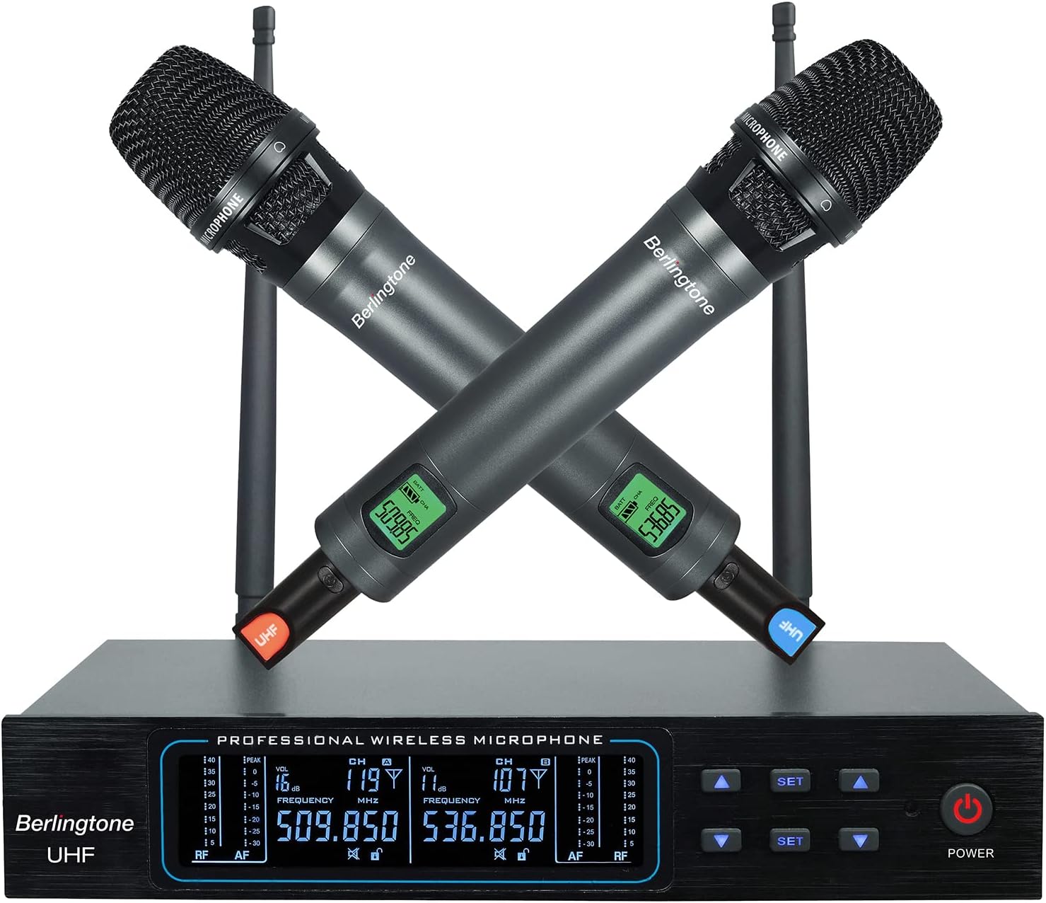 Berlingtone Wireless Microphone System, 2 Handheld Dynamic Microphones,120- Adjustable Frequency Channel, Metal case and mic for Karaoke, Meeting, Party, Church, DJ, Wedding, up 260ft Range (BR-56UM)