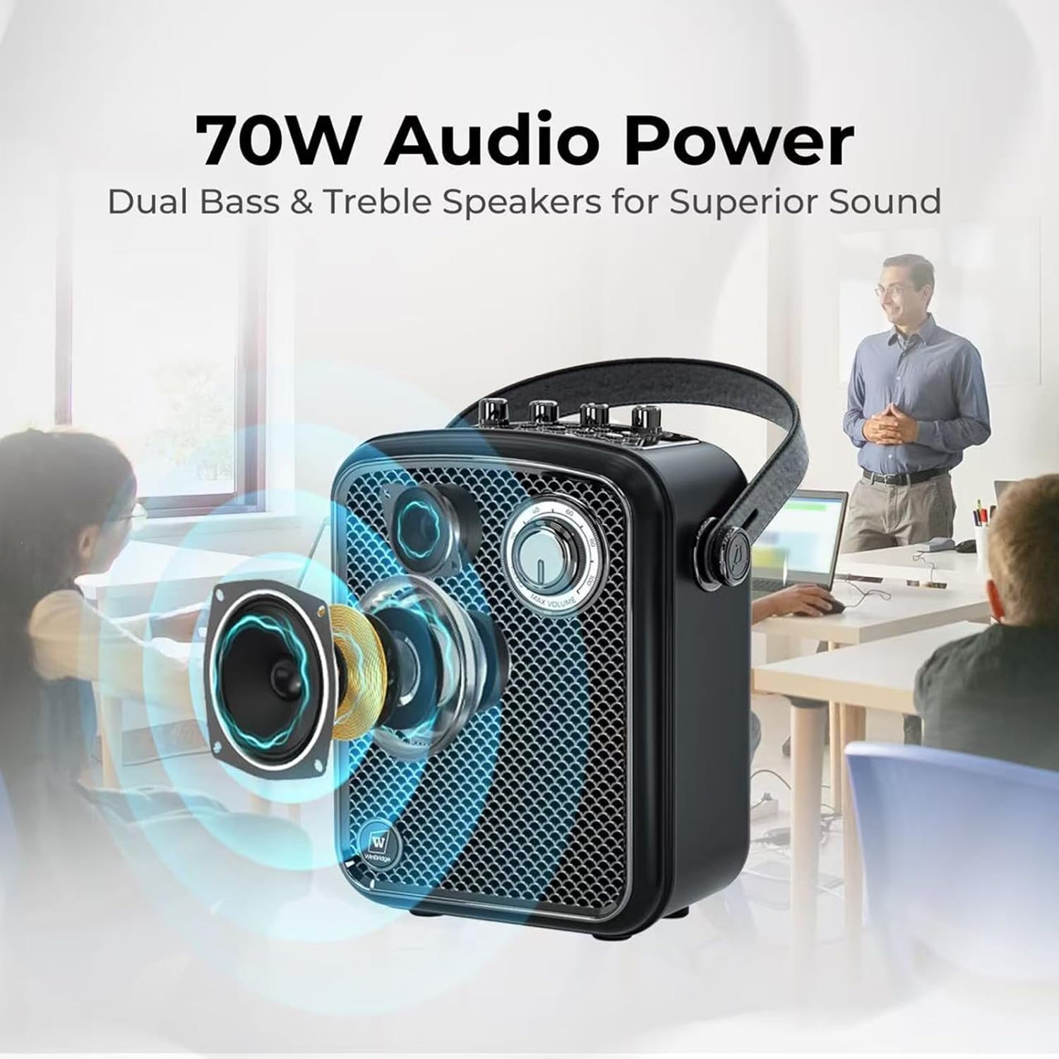 Portable Microphone and Speaker Set, 70W Wireless Voice Amplifier with 10H UHF Handheld Mic, Guitar Input, Metal Bluetooth PA System for Teachers and Presentations S100