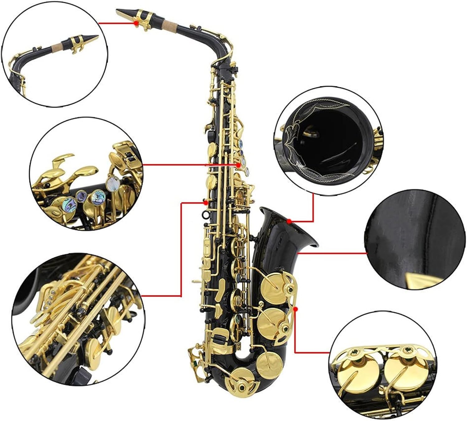 KESHUO Brass Engraved E- Flat Alto Saxophone Sax Abalone Shell Buttons Wind Instrument with Case Gloves Cleaning Cloth Belt Brush Brass Sax Beginners Kit (Color : Black)