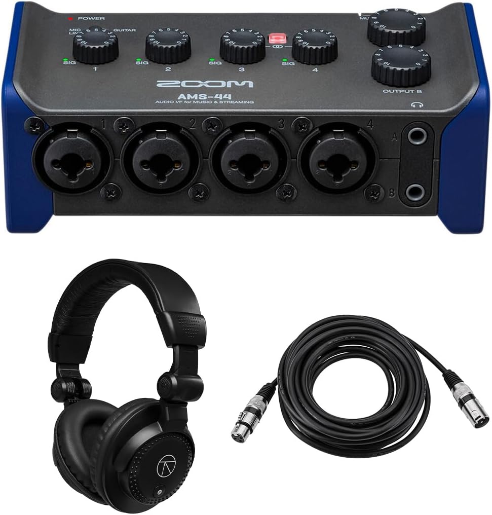 Zoom AMS-44 4x4 USB Audio Interface, Bundle with TAPH100 Monitor Headphones and 25' Value Series XLR Cable