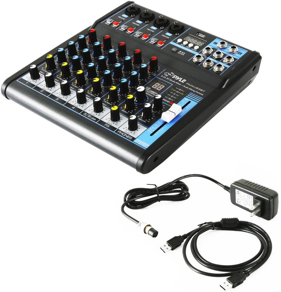 Pyle Professional Audio Mixer Sound Board Console - Desk System Interface with 6 Channel, USB, Bluetooth, Digital MP3 Computer Input, 48V Phantom Power, FX16 Bit DSP- PMXU63BT (6-Ch. Bluetooth Studio Mixer) | Amazon Basics XLR Microphone Cable for Sp