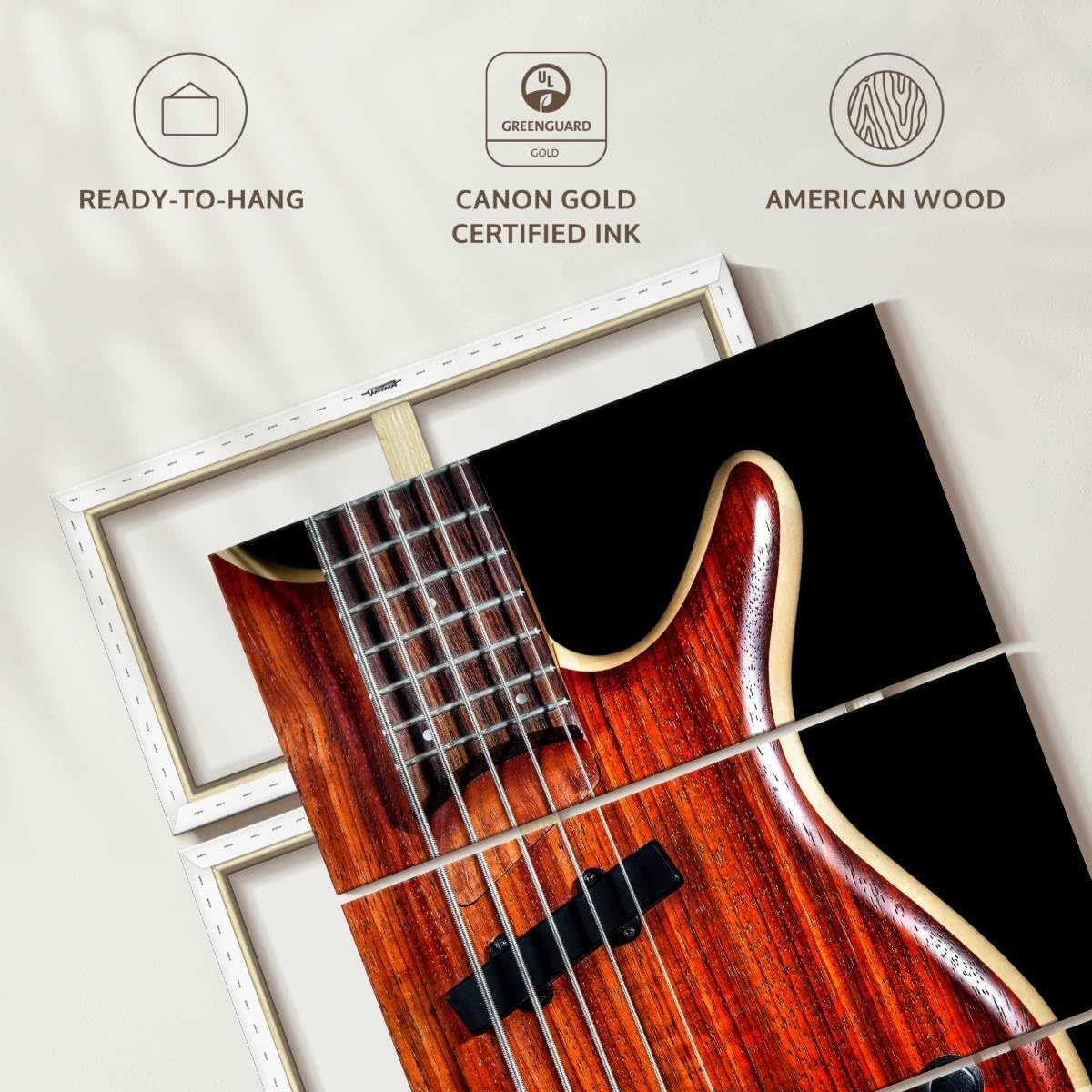 ElephantStock - Wooden Bass Guitar Wall Art - Vertical Multi Panel Canvas - 3 Piece Living Room Wall Decor - Photography Music Multi Piece Wall Art - Red And Black Decor - 48