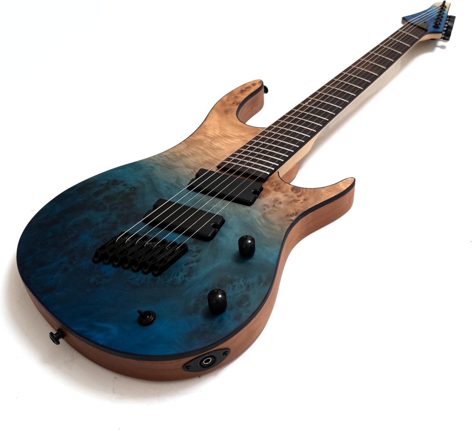 7-String Solid Body Electric Guitar, Ceramic Humbucker Pickups, Fanned Fret Design, Roasted Maple Neck, Ocean Fade Poplar Burl Top, Stainless Steel Frets