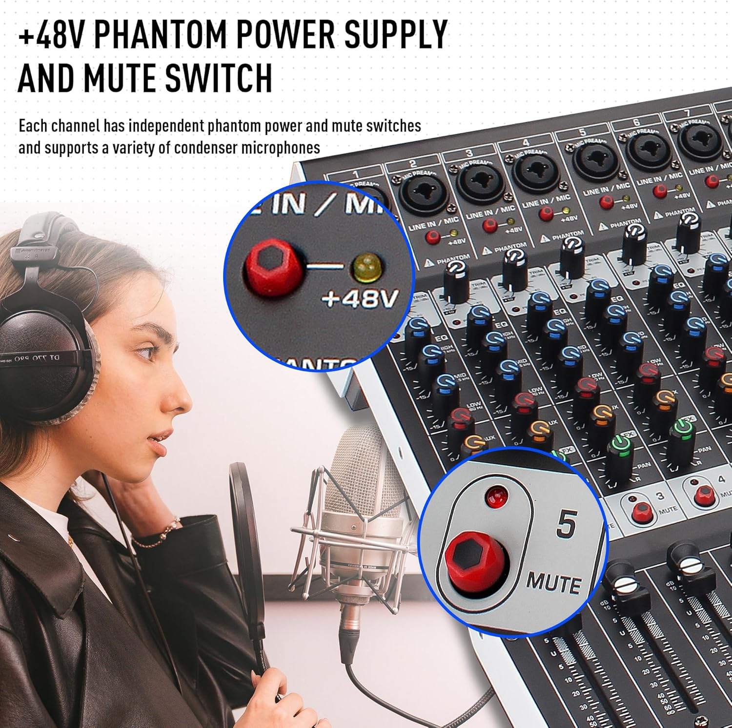 12-Channel Bluetooth Studio Audio Mixer 99 Bit DSP Digital Processor w/USB MP3 for PC Recording Input, XLR Microphone Jack, 48V Power, For Professional and Beginners DJ Mixer