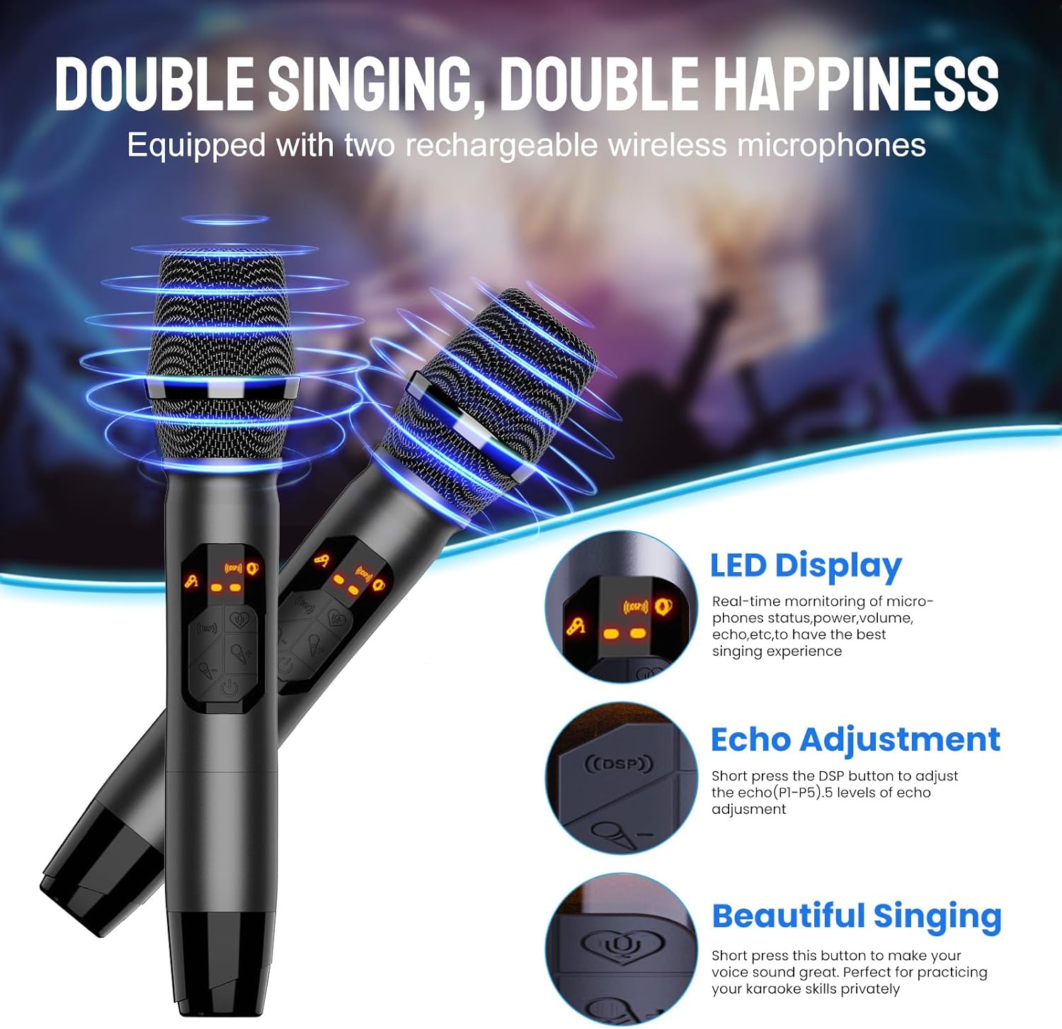 RHM K666PLUS Karaoke Machine with Powerful Sound, Deep Bass & Led Light, 2 Wireless Microphones, 7 Hours Playtime, Support Bluetooth/AUX/USB/PC for Outdoor Party
