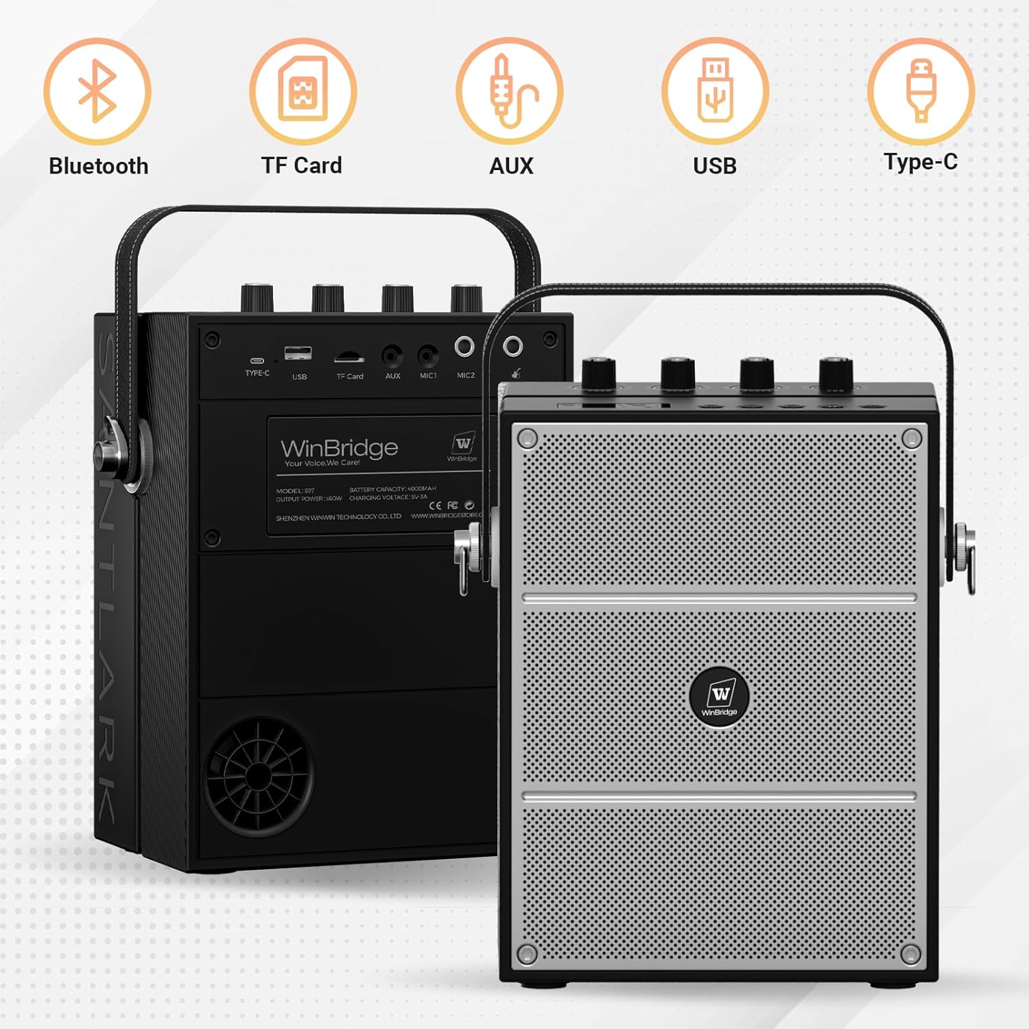 WinBridge S97 60W Bluetooth Speaker Mic– Powerful Wireless Voice Amplifier with Dual Microphones, Portable PA System & Karaoke Machine for Teachers, Sound Effects, Guitar Input, High Bass