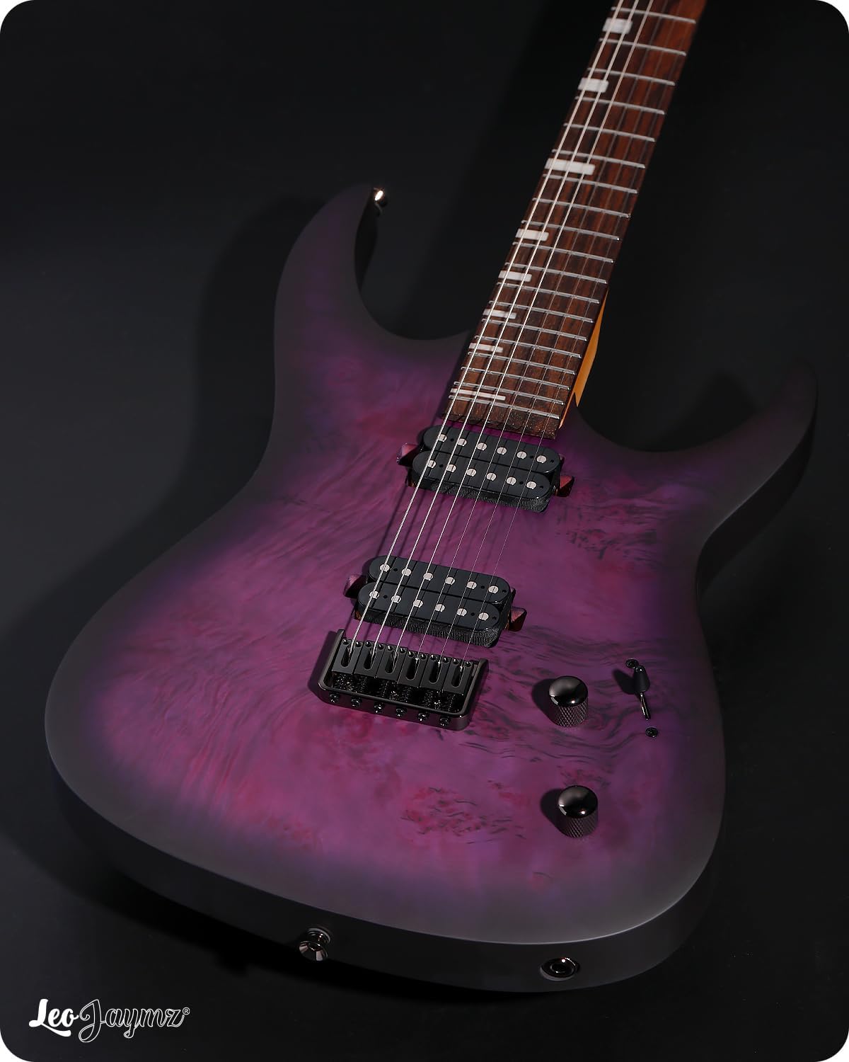 Leo Jaymz Tornado 6-String Electric Guitar, Okoume Body, Maple Neck, Laurel Fingerboard, Dual Alnico V Pickups, Locking Tuners, 3-Way Switch, 24 Frets (Purple Burl)