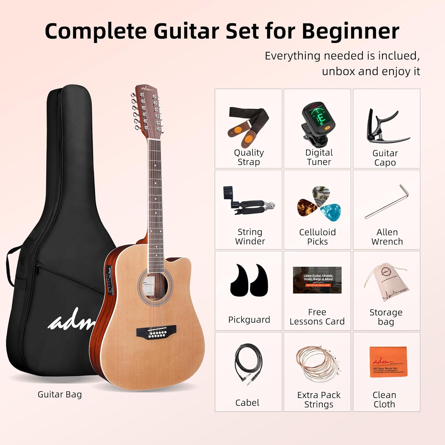 ADM Advanced 12 String Acoustic Electric Guitar, Full Size 42