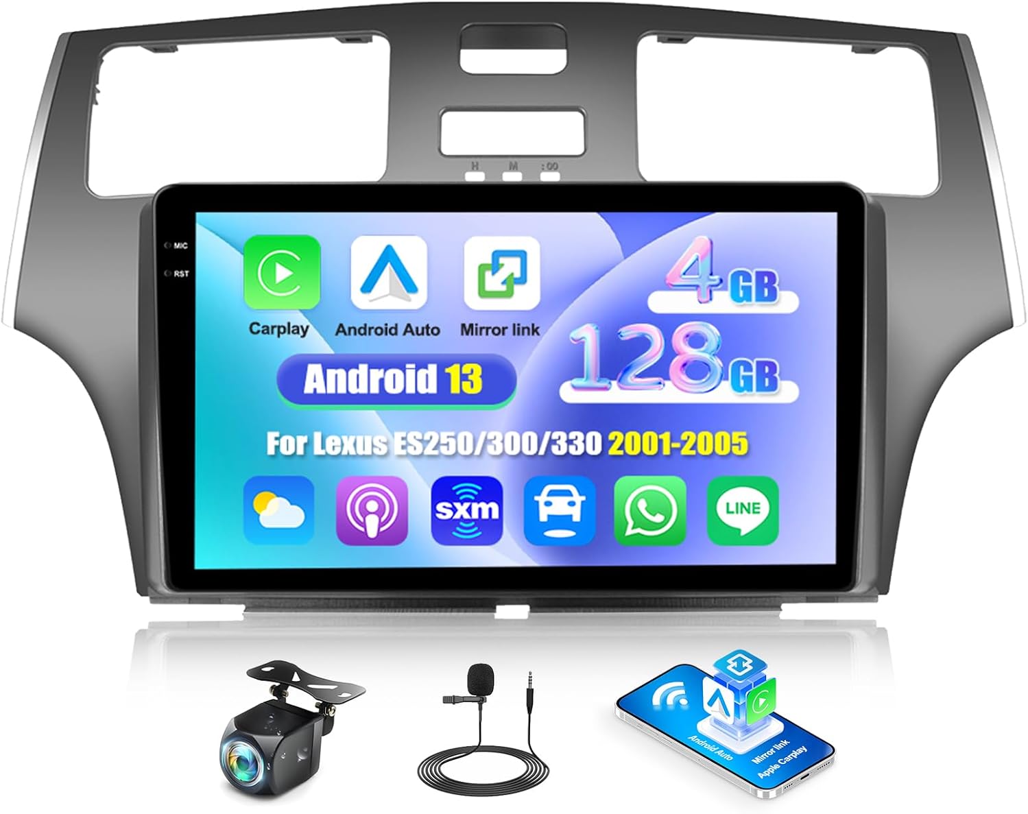 [4G+128G] Android 15 Car Radio for Lexus ES250 ES300 ES330 2001 2002 2003 2004 2005 2006 with Carplay Android Auto 9 Inch Touch Screen Bluetooth FM RDS/WiFi/GPS Navigation/SWC+AHD Backup Camera