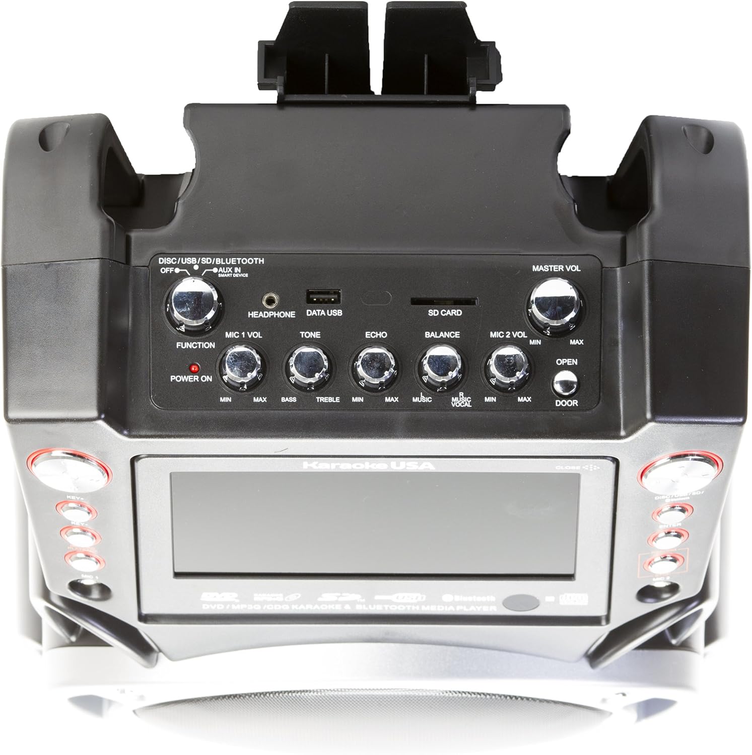 Karaoke USA GF845 Complete Karaoke System with 2 Microphones, Remote Control, 7” Color Display, LED Lights - Works with DVD, Bluetooth, CD, MP3 and All Devices